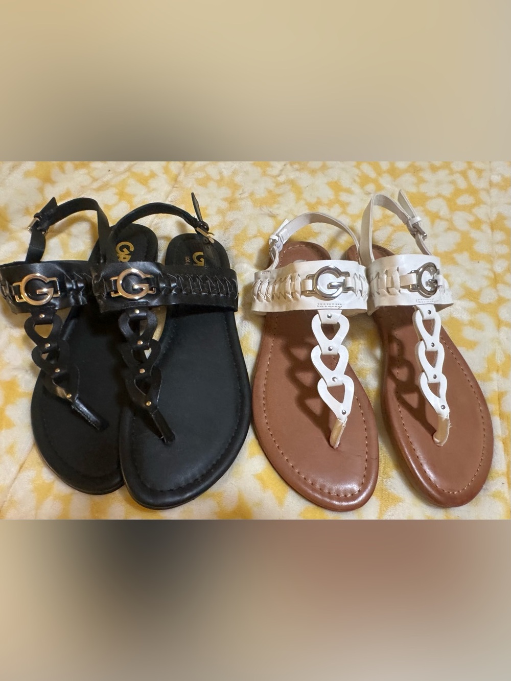 Women's Black and White Heart T-Strap Sandals